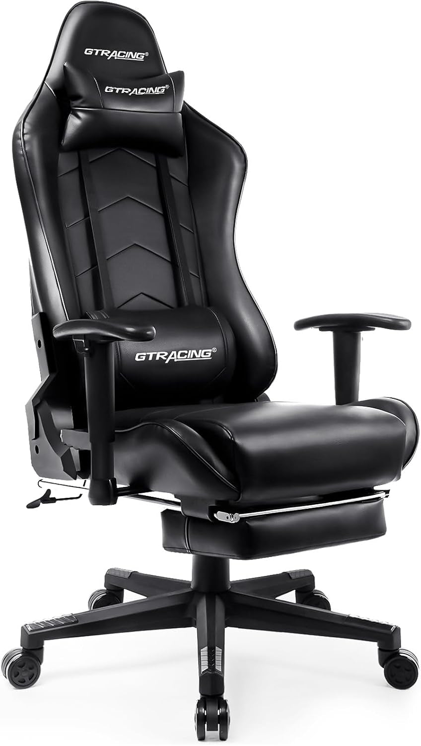 Gaming Chair with Footrest, Racing Style Computer Chair for Adult, Adjustable Reclining Backrest and Lumbar Support, Stylish High Back Chair for Gaming and Office (Black)
