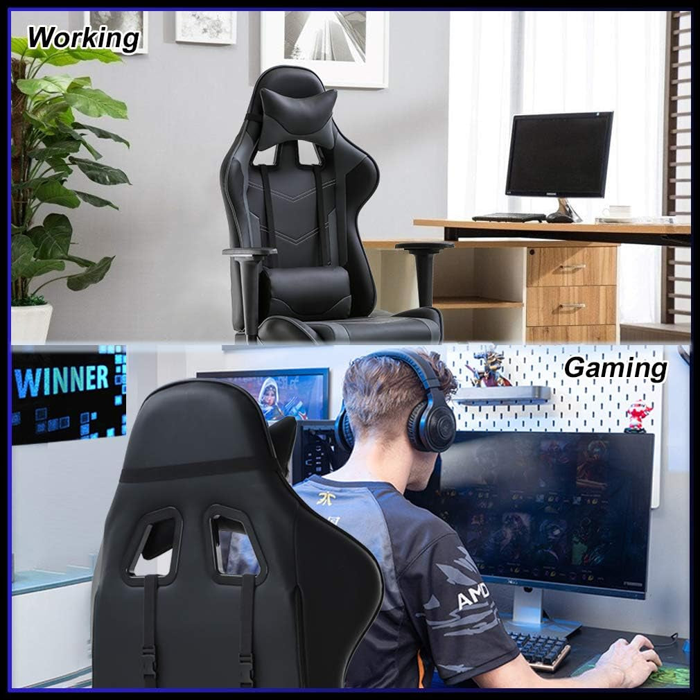 High-Back Office Chair Ergonomic PC Gaming Chair Cheap Desk Chair Executive PU Leather Rolling Swivel Computer Chair with Lumbar Support, Grey