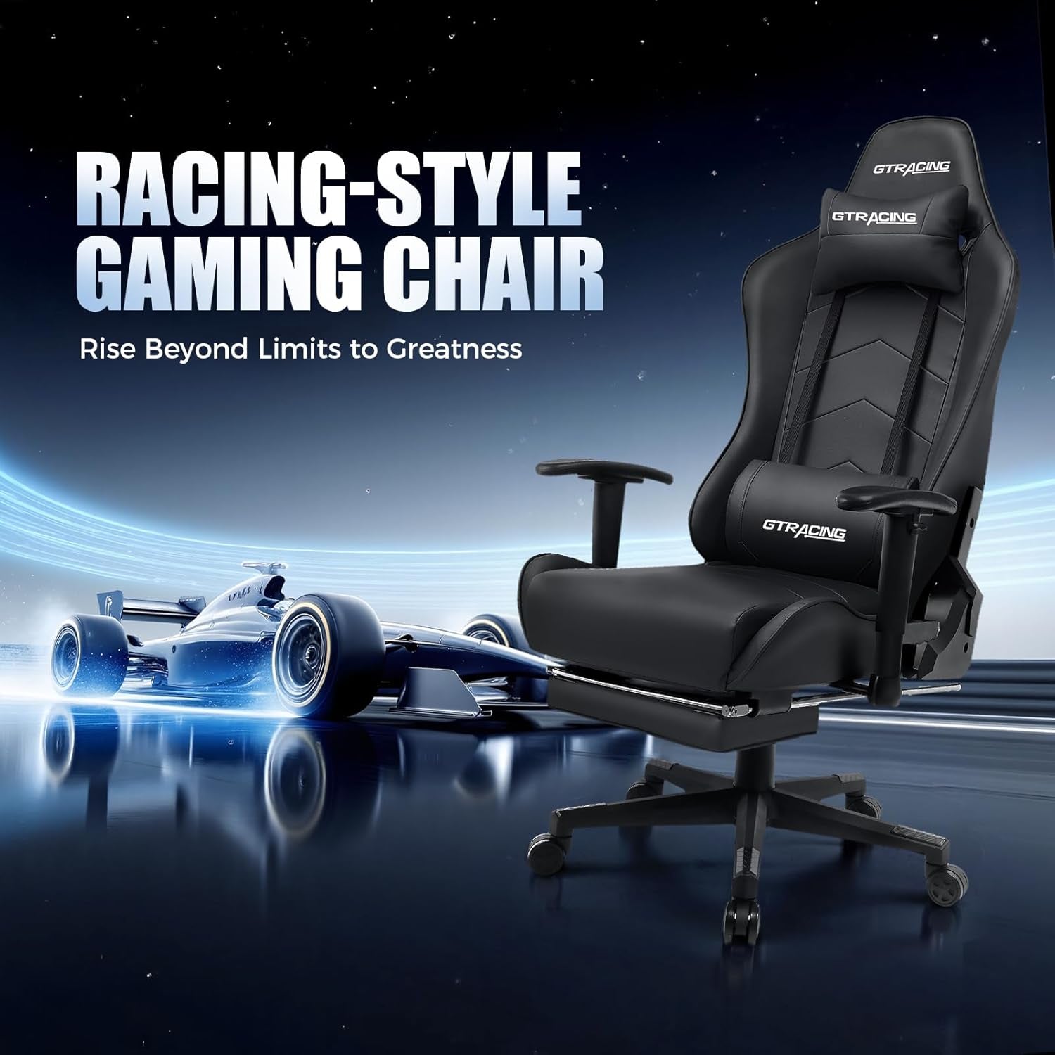 Gaming Chair with Footrest, Racing Style Computer Chair for Adult, Adjustable Reclining Backrest and Lumbar Support, Stylish High Back Chair for Gaming and Office (Black)