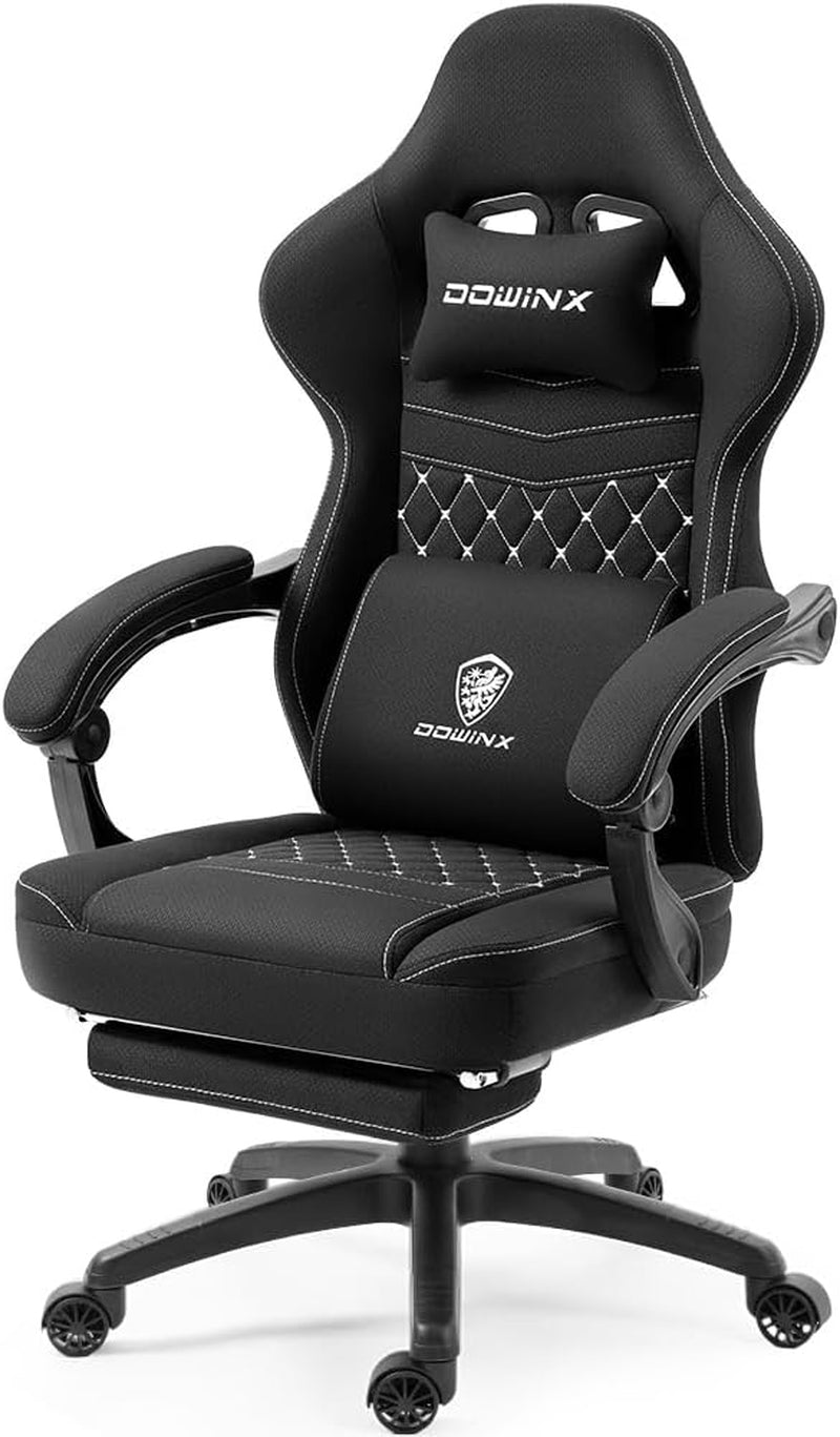Gaming Chair Breathable Fabric Computer Chair with Pocket Spring Cushion, Comfortable Office Chair with Gel Pad and Storage Bag,Massage Game Chair with Footrest,Black