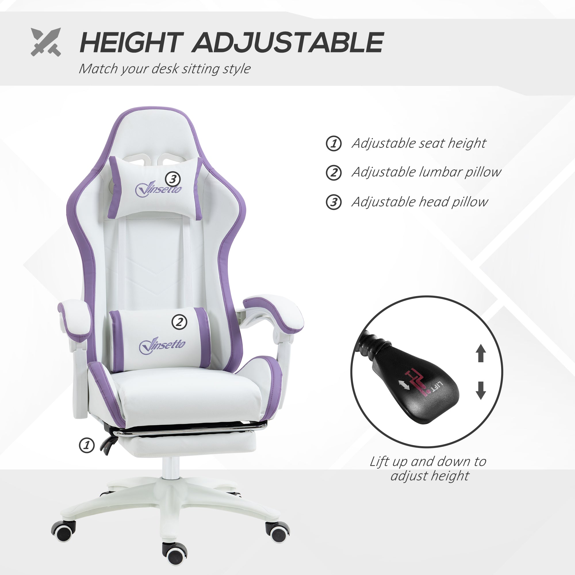 Racing Gaming Chair, Reclining PU Leather Computer Chair with 360 Degree Swivel Seat, Footrest, Removable Headrest and Lumber Support, Purple-3