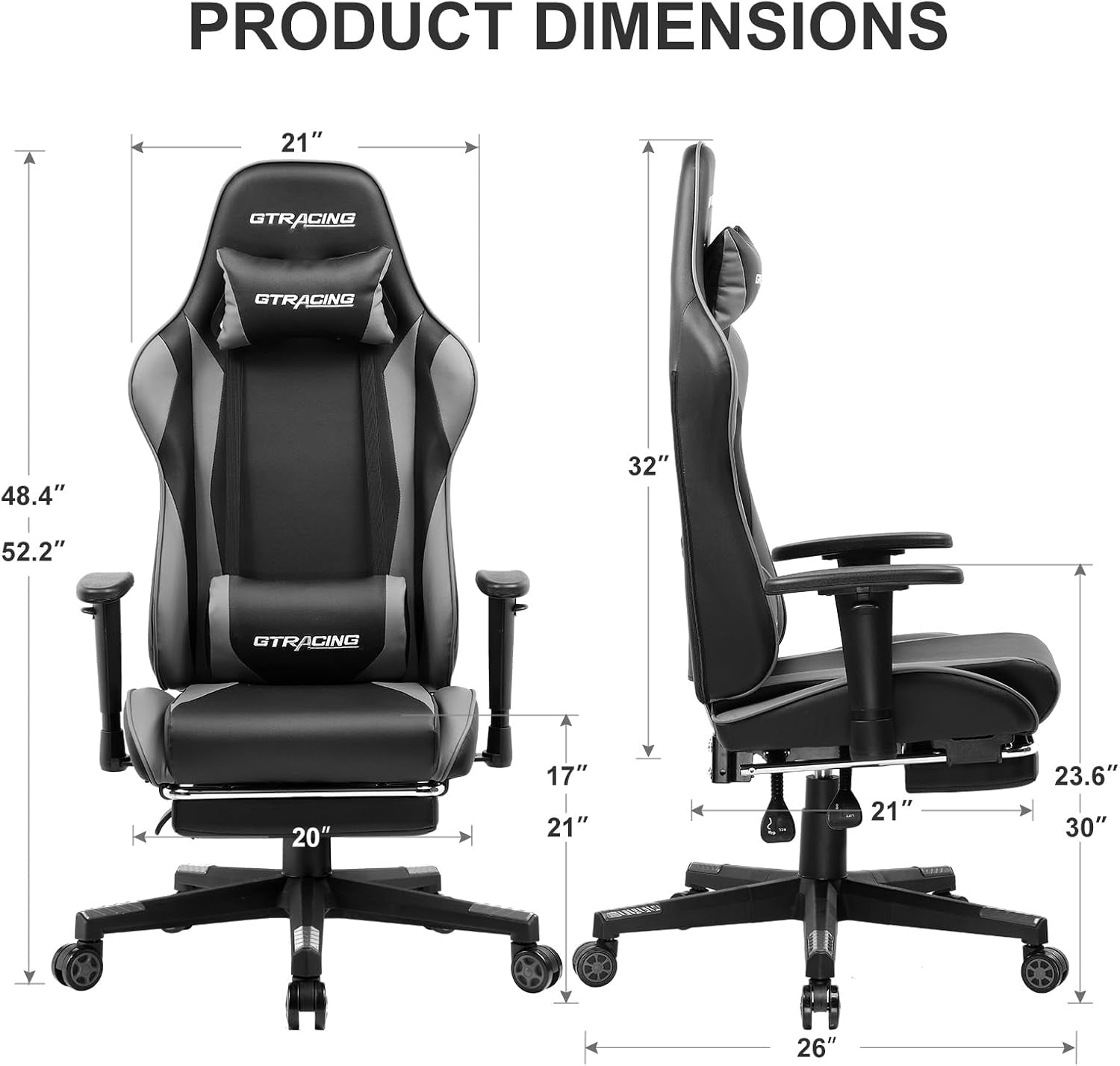 Gaming Chair with Footrest, Ergonomic Computer Game Desk Chair, Reclining Gaming Chair Seat Height Adjustment, Swivel Rocker with Headrest and Lumbar (Gray)