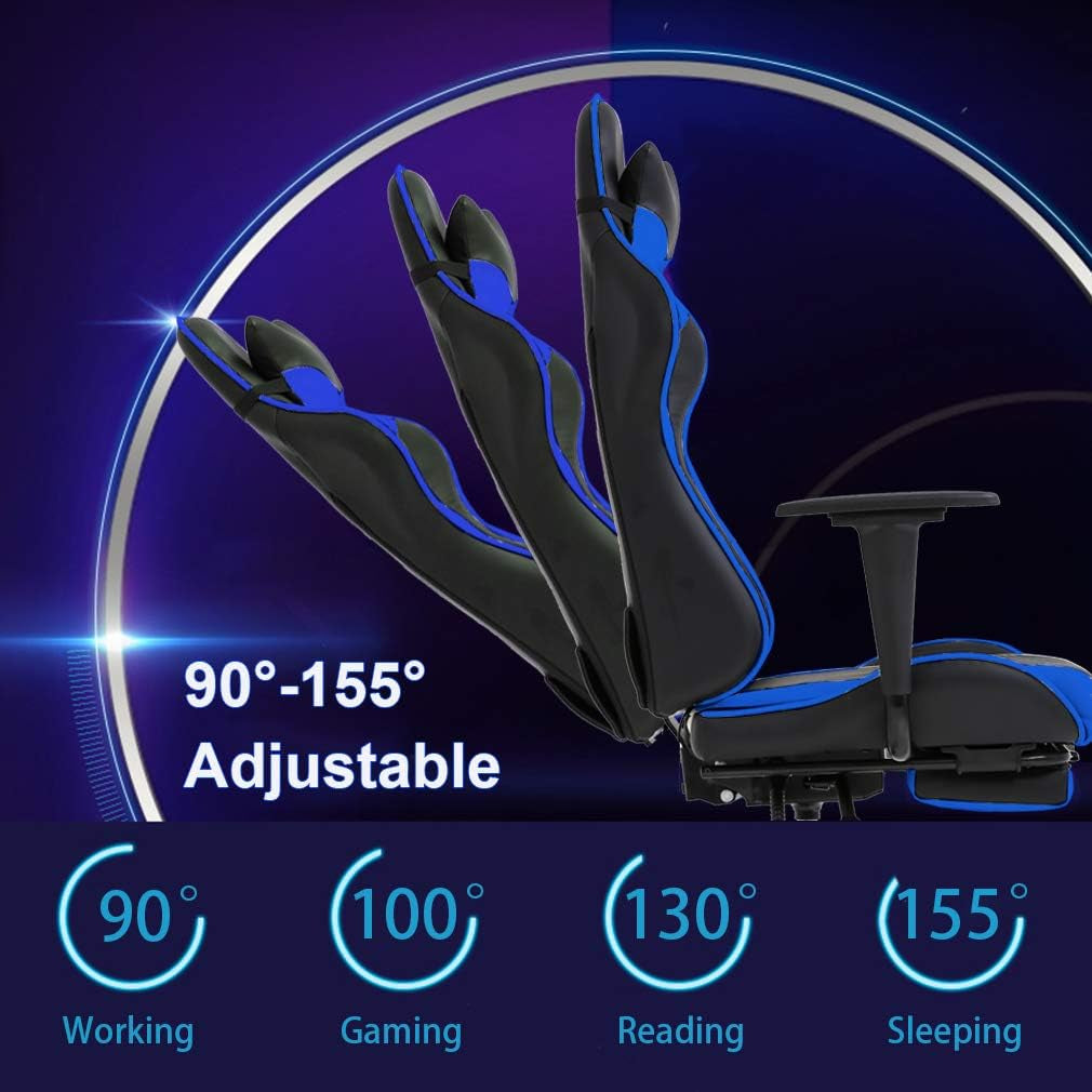 Gaming Chair with Footrest,Ergonomic Office Chair,Adjustable Swivel Desk Chair,Reclining Computer Lumbar Support and Headrest,Racing Style Video Gamer (Blue)