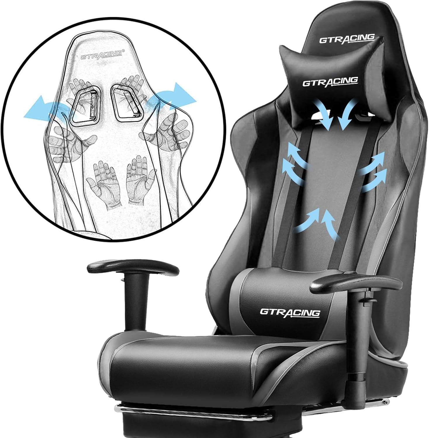Gaming Chair with Footrest, Ergonomic Computer Game Desk Chair, Reclining Gaming Chair Seat Height Adjustment, Swivel Rocker with Headrest and Lumbar (Gray)