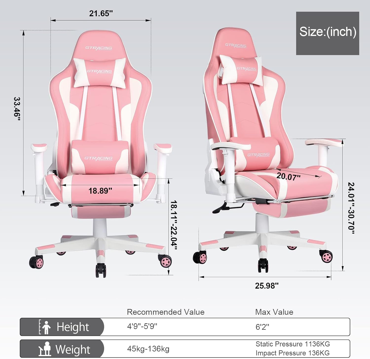 Gaming Chair with Footrest Speakers Video Game Chair Bluetooth Music Heavy Duty Ergonomic Computer Office Desk Chair (Pink)