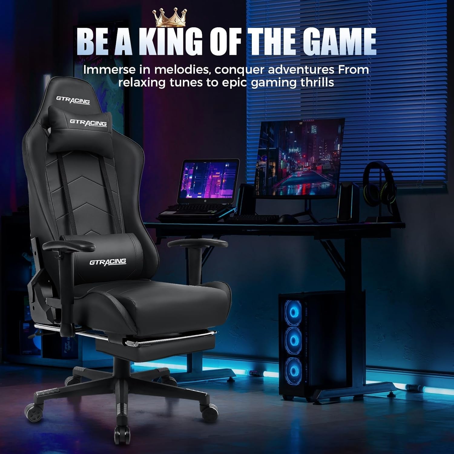 Gaming Chair with Footrest, Racing Style Computer Chair for Adult, Adjustable Reclining Backrest and Lumbar Support, Stylish High Back Chair for Gaming and Office (Black)