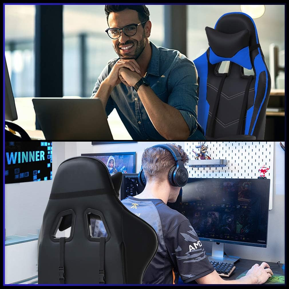 Gaming Chair with Footrest,Ergonomic Office Chair,Adjustable Swivel Desk Chair,Reclining Computer Lumbar Support and Headrest,Racing Style Video Gamer (Blue)