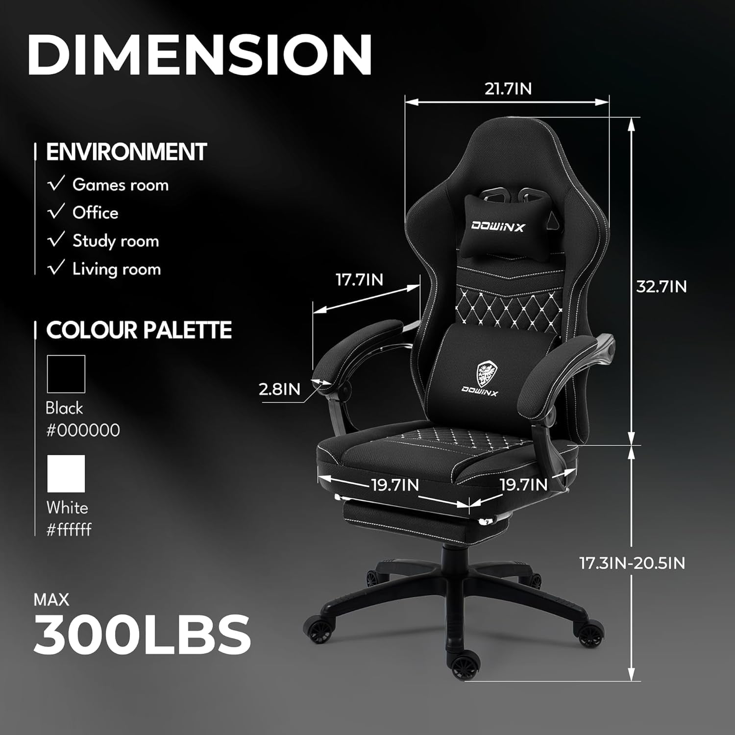 Gaming Chair Breathable Fabric Computer Chair with Pocket Spring Cushion, Comfortable Office Chair with Gel Pad and Storage Bag,Massage Game Chair with Footrest,Black