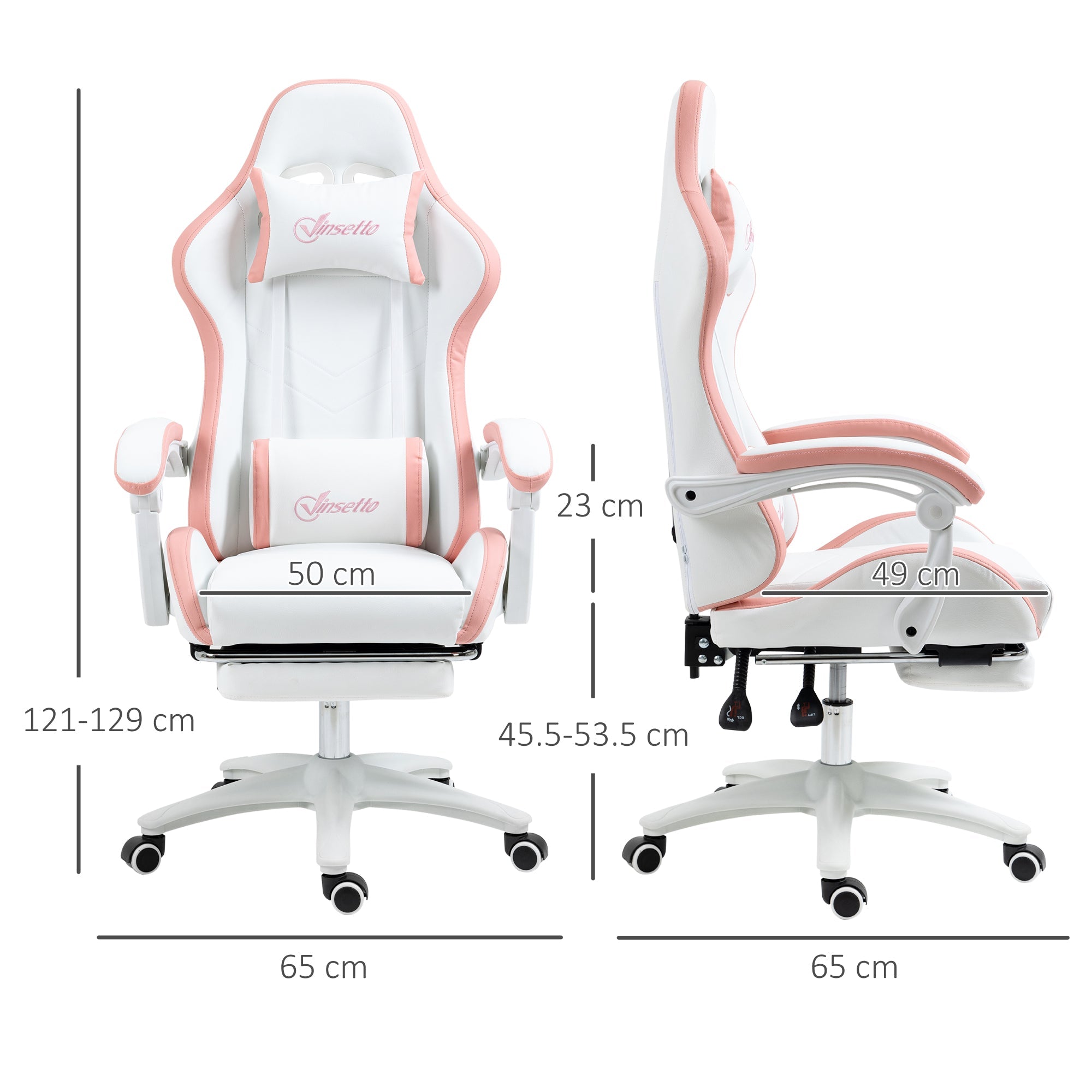 Racing Gaming Chair, Reclining PU Leather Computer Chair with 360 Degree Swivel Seat, Footrest, Removable Headrest White and Pink