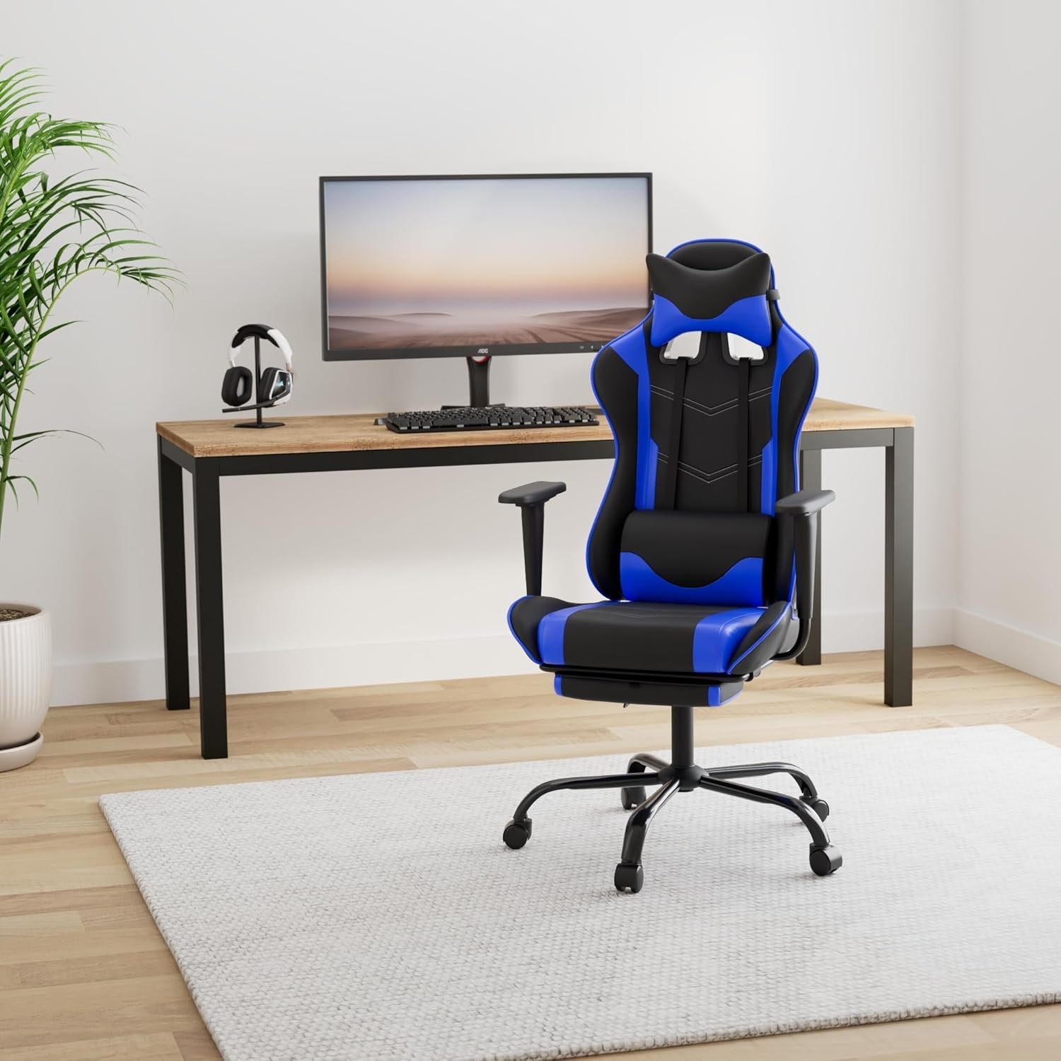 Gaming Chair with Footrest,Ergonomic Office Chair,Adjustable Swivel Desk Chair,Reclining Computer Lumbar Support and Headrest,Racing Style Video Gamer (Blue)