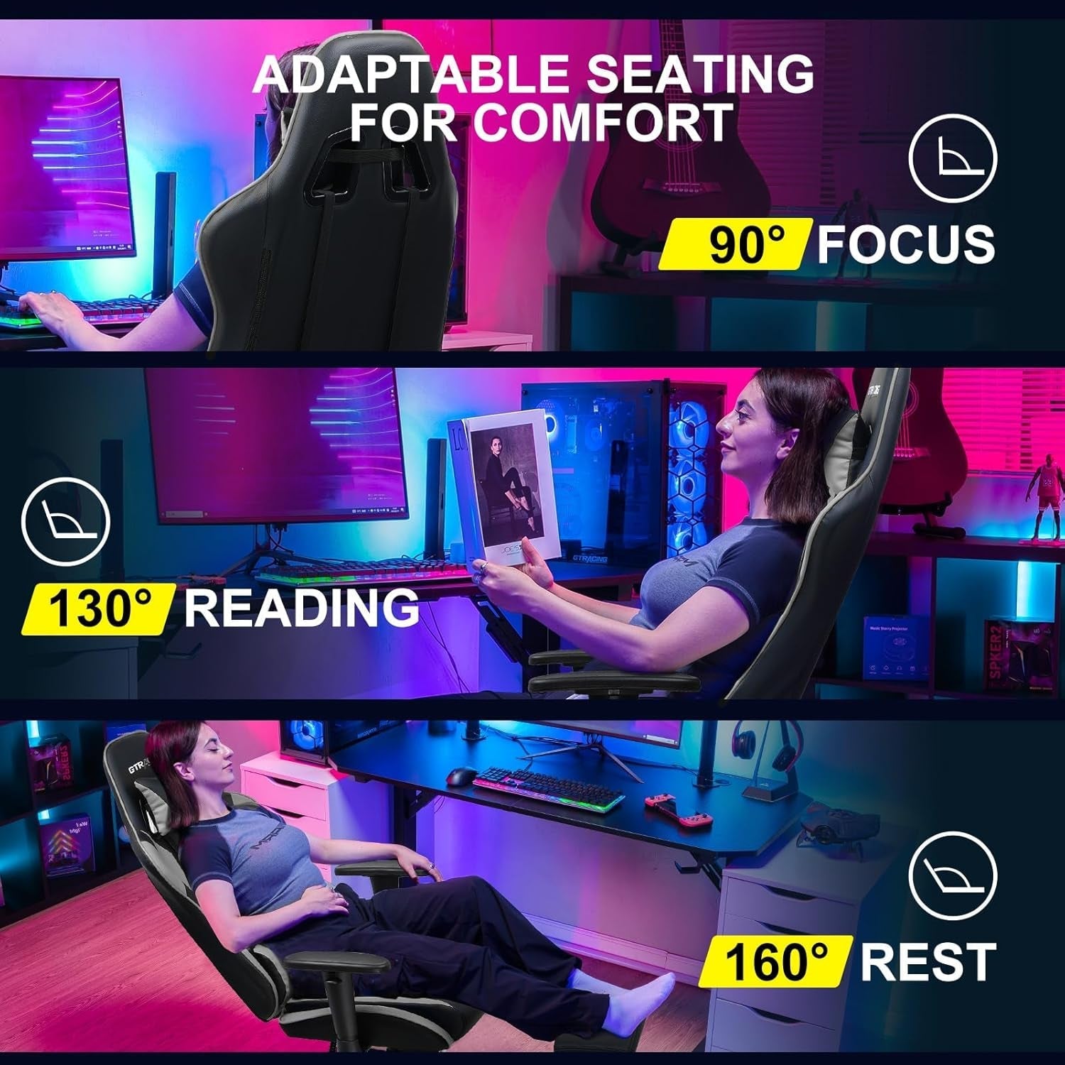 Gaming Chair with Footrest, Ergonomic Computer Game Desk Chair, Reclining Gaming Chair Seat Height Adjustment, Swivel Rocker with Headrest and Lumbar (Gray)