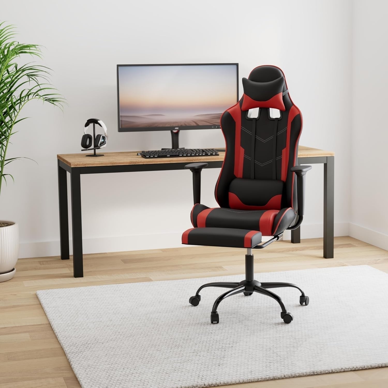 Gaming Chair Office Chair Ergonomic Desk Chair with Footrest Arms Lumbar Support Headrest Swivel Rolling High Back Racing Computer Chair for Women Men Adults Girls,Red