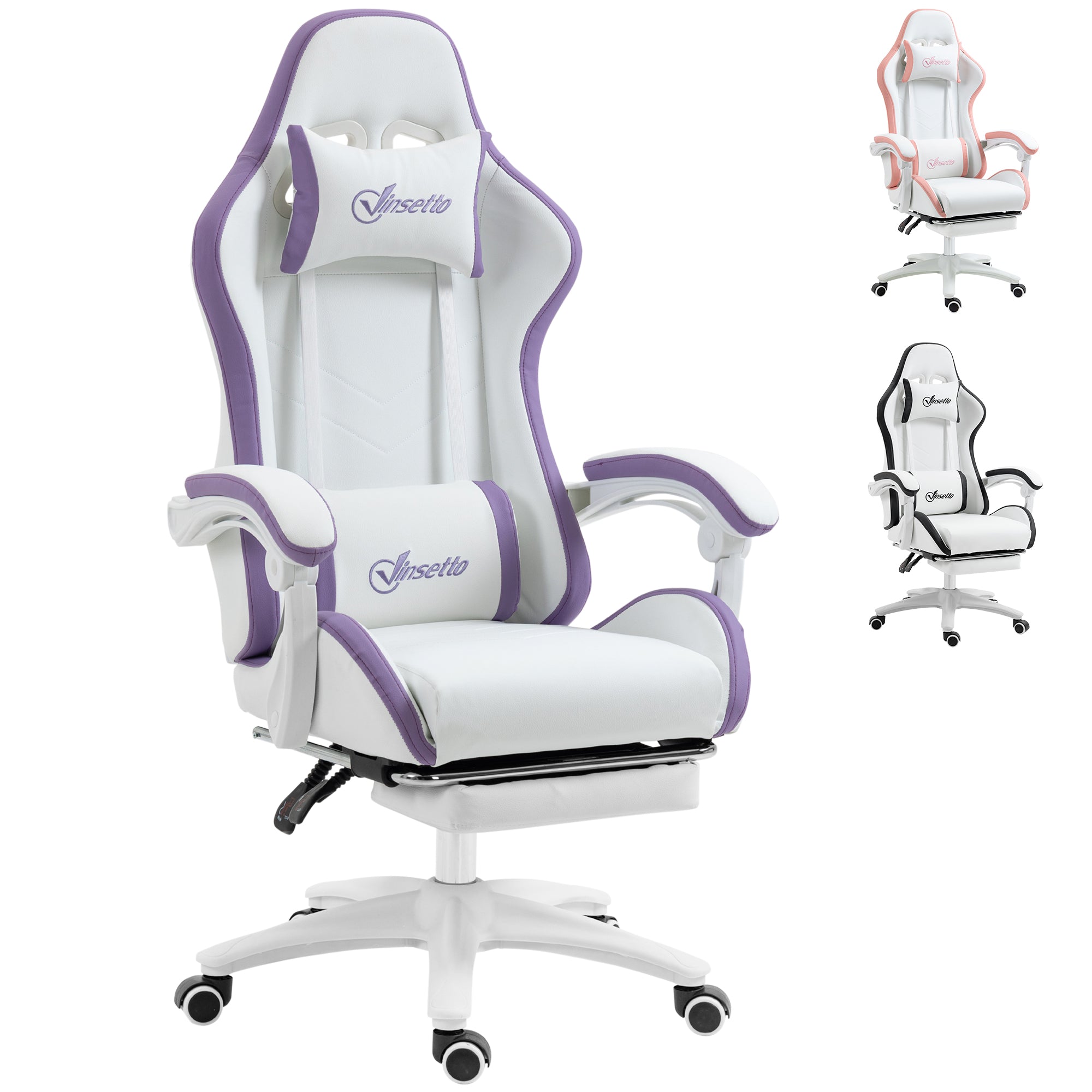 Racing Gaming Chair, Reclining PU Leather Computer Chair with 360 Degree Swivel Seat, Footrest, Removable Headrest and Lumber Support, Purple-0
