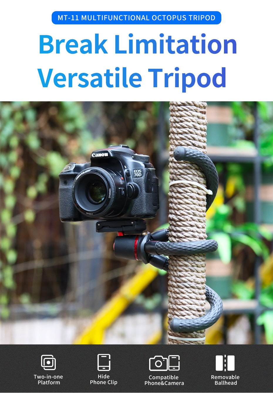 MT-11Flexible Octopus Tripod Smartphone DSLR SLR Vlog Tripod Travel Portable 2 in 1 Tripod Extend 1/4 Screw for Magic Arm