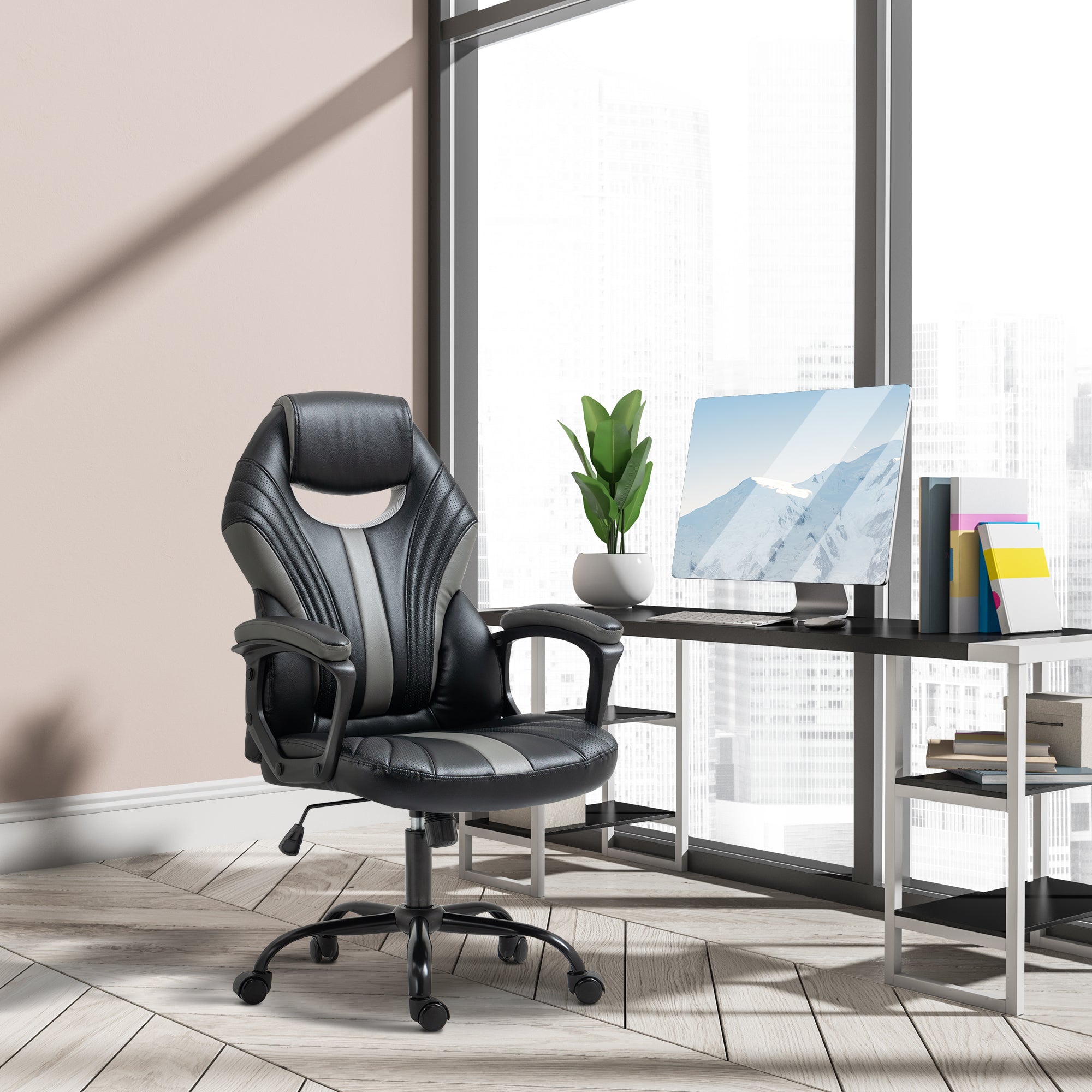 Racing Gaming Chair, Home Office Computer Desk Chair, Faux Leather Gamer Chair with Swivel Wheels, Black Grey